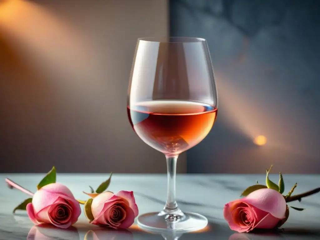 Un cuadro detallado de una copa de vino de cristal con vino rosado, rodeada de pétalos de rosa y corchos, evocando sofisticación y placer