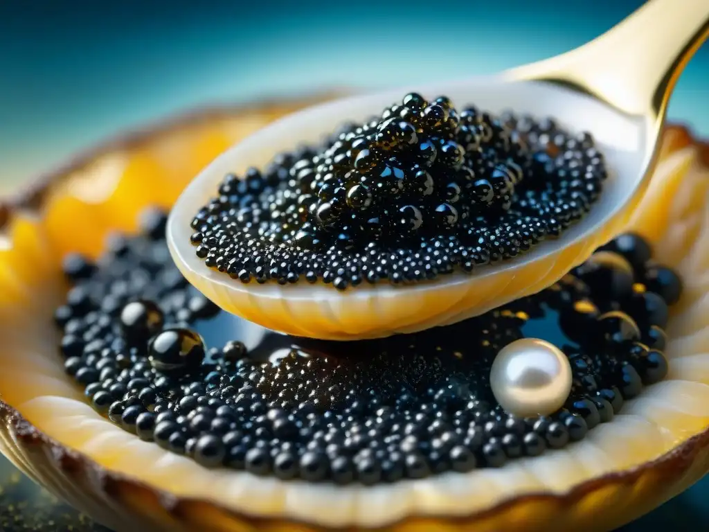 Cuchara de nácar recoge caviar negro, perlas brillantes