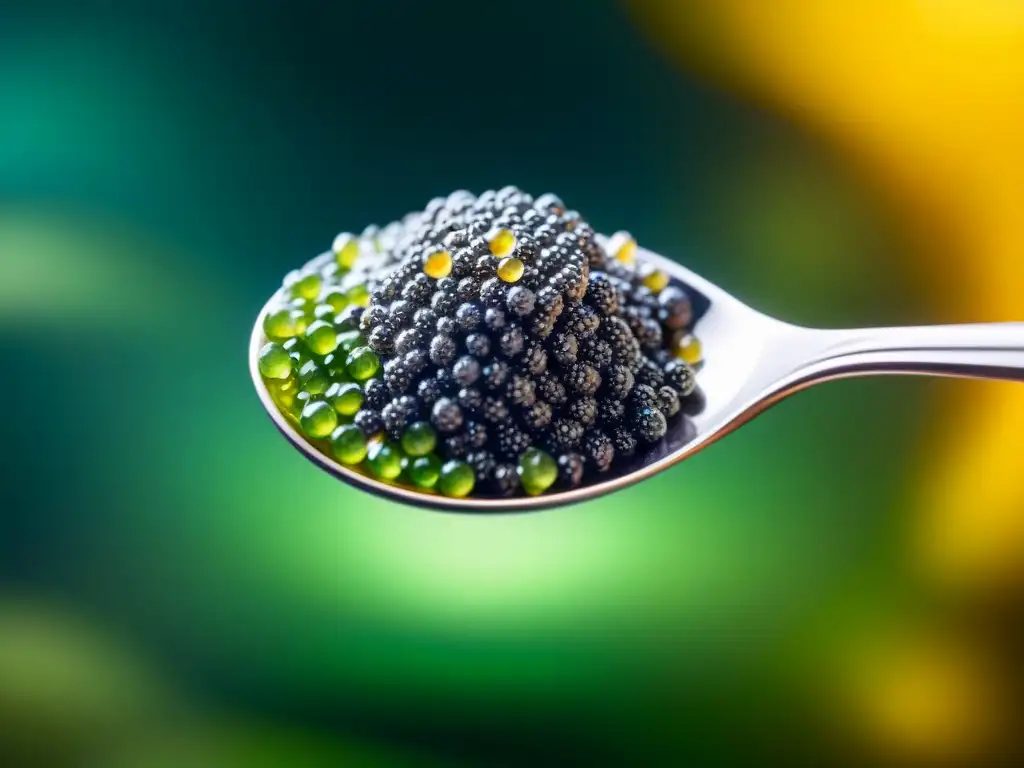 Una cuchara de plata lujosa sirve caviar vegetal gourmet exquisito, resaltando frescura y elegancia