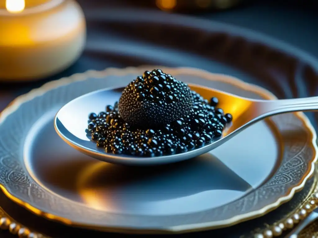 Una cuchara de plata lujosa recoge caviar negro sobre vajilla dorada, en un ambiente elegante con luz de velas