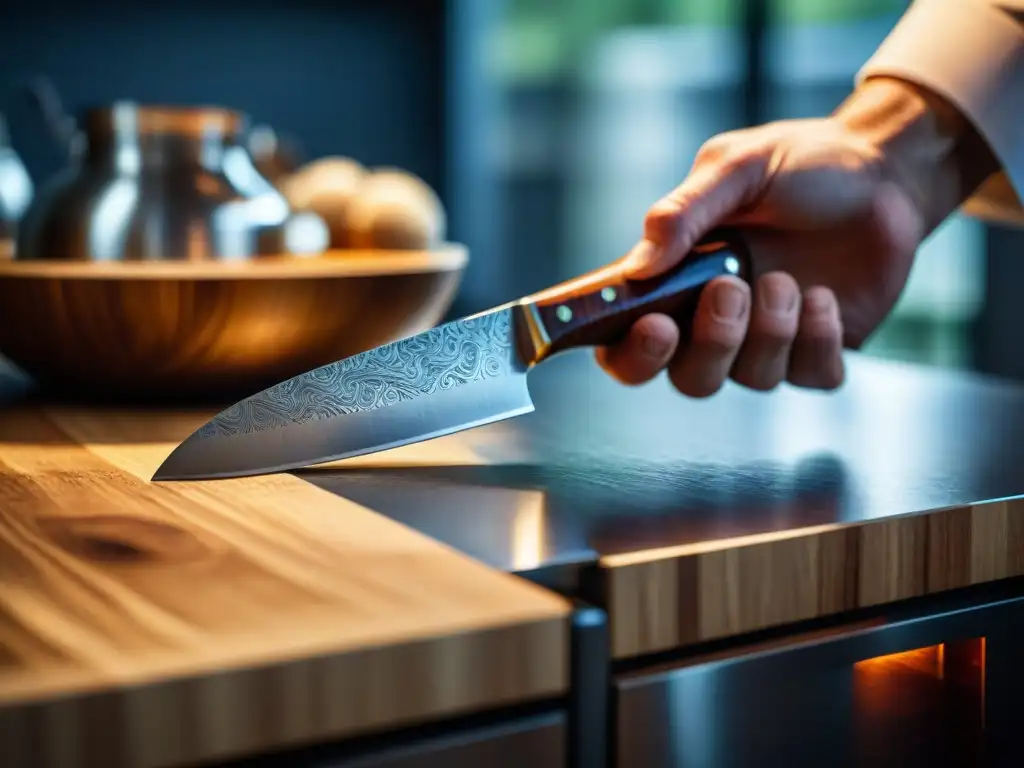 Un cuchillo de chef de alta gama en acero de Damasco, con patrones intrincados y mango de madera pulida, resplandeciendo en la luz