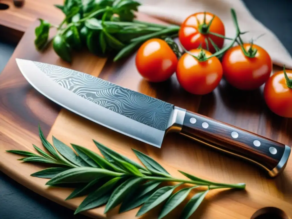 Un cuchillo de chef gourmet en acero de Damasco, con mango de madera y fondo de cocina profesional con ingredientes frescos