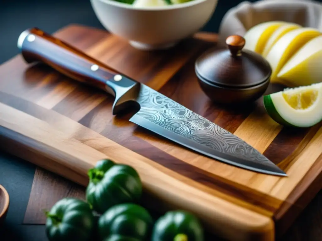 Un cuchillo de chef gourmet de alta calidad descansando en una tabla de cortar de madera, con patrones de acero de Damasco brillando en la luz, listo para cortar ingredientes frescos