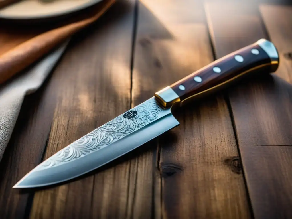 Cuchillo de chef histórico: detallado y realista Un cuchillo de chef histórico con detallados grabados en la hoja y un mango de madera envejecida, reflejando la historia en una cocina tenue