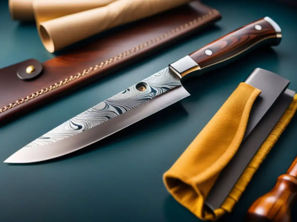 Cuchillo chef alta gama: hoja de acero de Damasco con patrón ondulado y mango de madera oscura y metal pulido, detalle y elegancia en cada curva