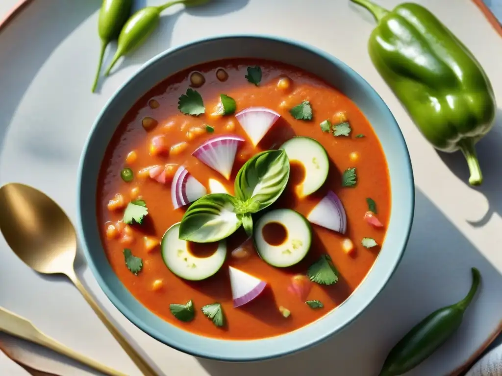 Un cuenco de barro lleno de Gazpacho Andaluz con pepino, cebolla, pimiento y aceite de oliva, evocando un verano andaluz