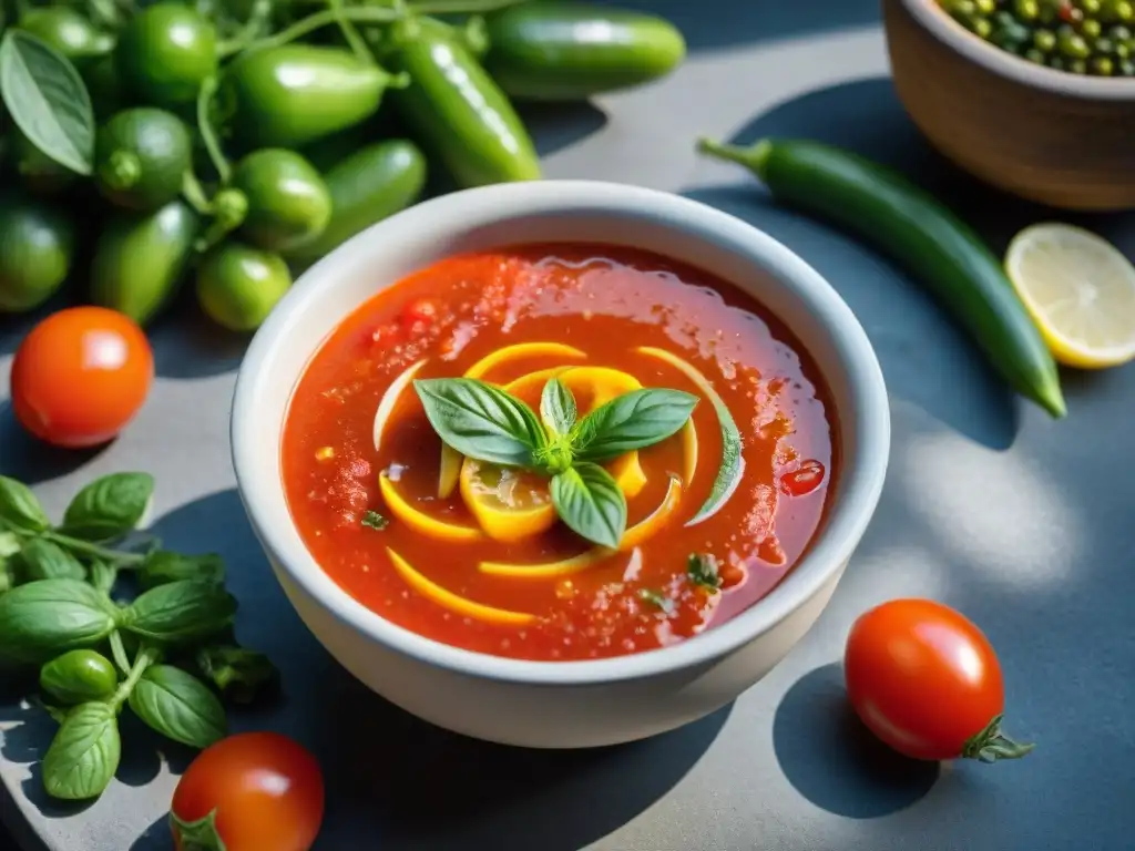 Un cuenco de Gazpacho Andaluz, adornado con aceite de oliva, verduras frescas y hierbas, en un escenario rústico español bajo el sol de verano