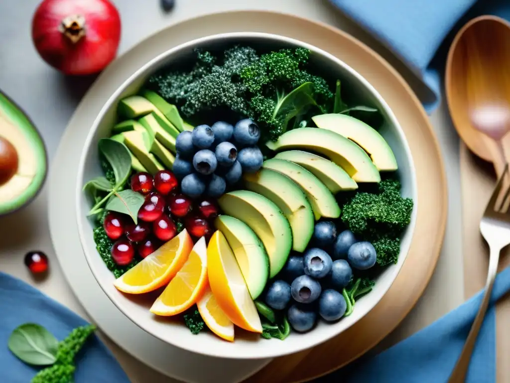 Un cuenco gourmet de superalimentos vibrantes: arándanos, kale, aguacate, granada, quinoa y aderezo, todo fresco y colorido