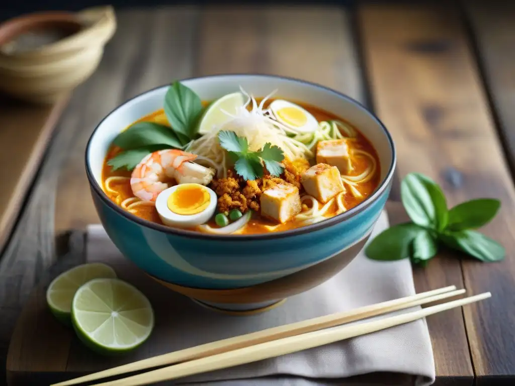 Un cuenco humeante de Laksa con ingredientes coloridos y sabrosos, ¡un icono culinario de Asia!