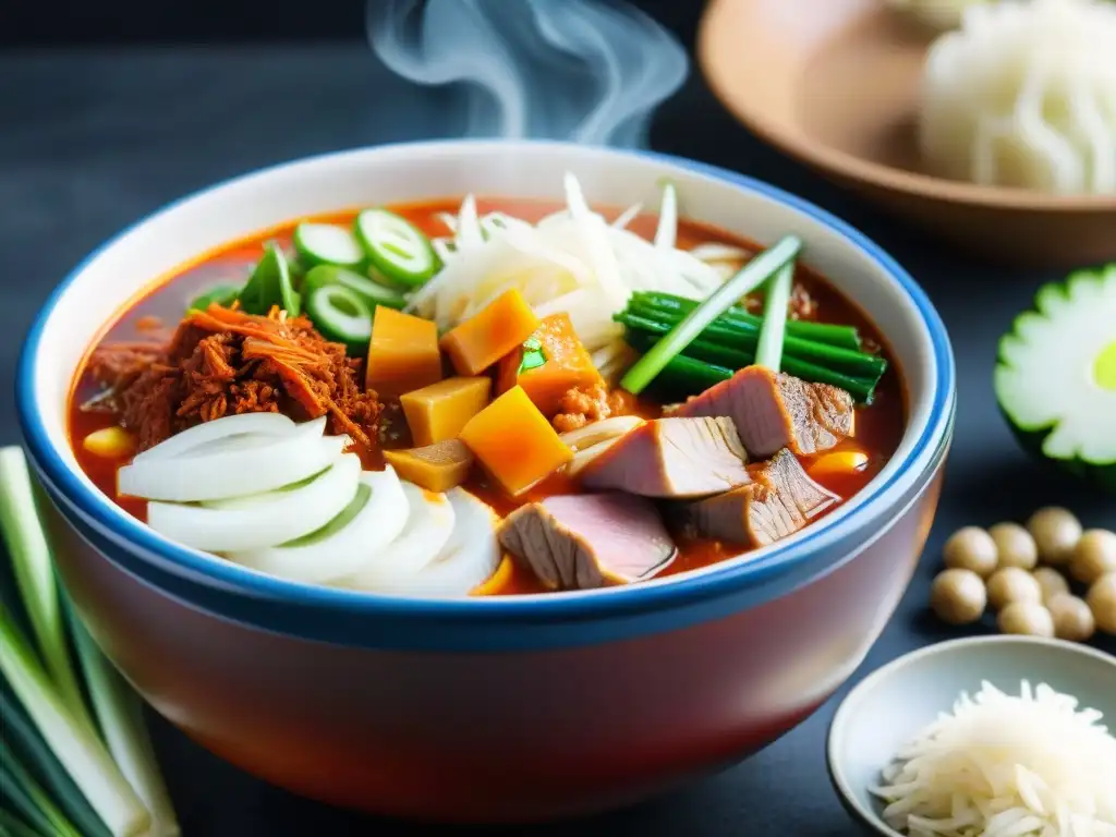 Un cuenco humeante de kimchi jjigae coreano con carne tierna y verduras, capturando la esencia de los platos asiáticos picantes gourmet