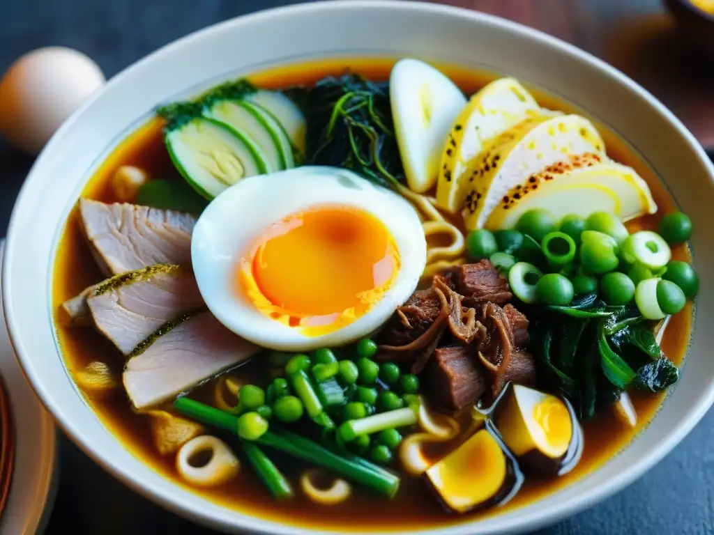 Un cuenco humeante de ramen japonés tradicional con fideos, cerdo chashu, huevo y toppings vibrantes