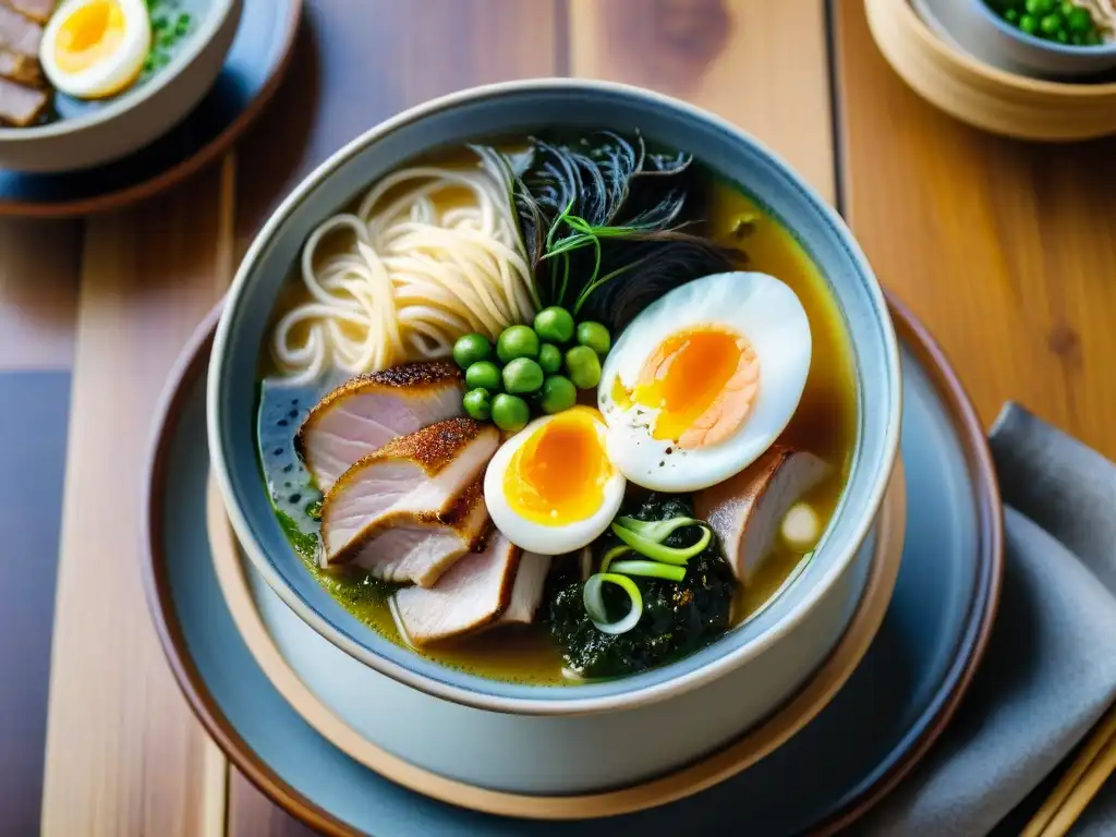 Un cuenco humeante de ramen tonkotsu gourmet callejero japonés, con chashu, huevo, bambú, cebolla, nori y fideos, en una mesa rústica