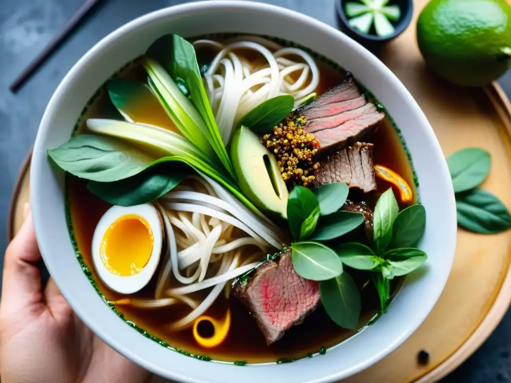 Un cuenco humeante de Pho Vietnamita con fideos, carne, hierbas frescas y limón, uno de los platos de fideos icónicos de Asia