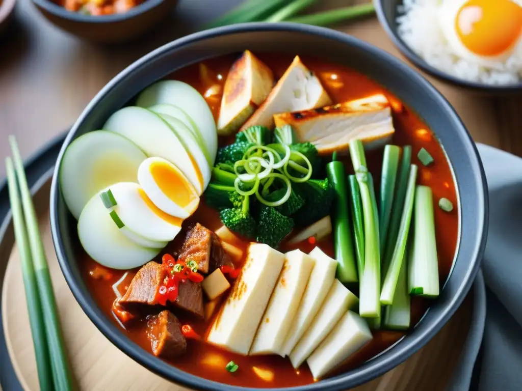 Un cuenco de kimchi jjigae, un plato asiático picante gourmet, con kimchi, cerdo, tofu y verduras frescas en un caldo rojo ardiente y humeante