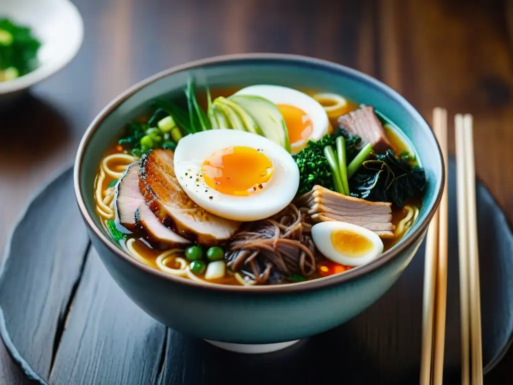 Deléitate con un cuenco de ramen asiático caliente, con caldo rico, fideos al dente, cerdo, huevo, cebolla y nori