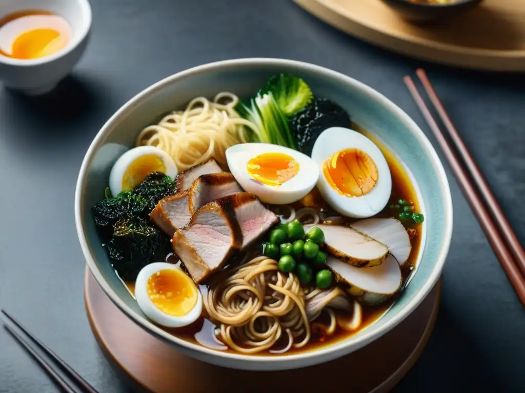 Un cuenco de ramen gourmet exquisitamente presentado, con capas de fideos, chashu, huevo y setas en un caldo brillante