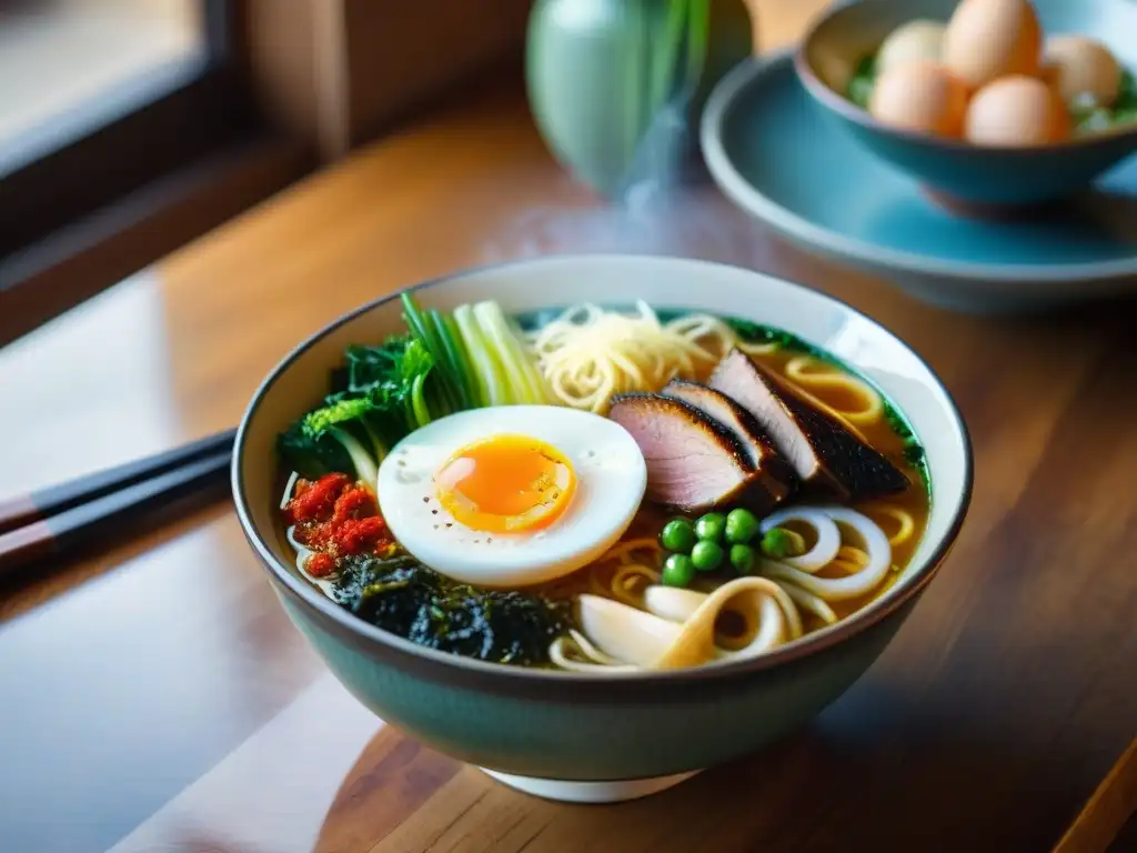 Un cuenco de ramen japonés tradicional, con su caldo, fideos, cerdo, huevo y verduras, en una mesa de madera