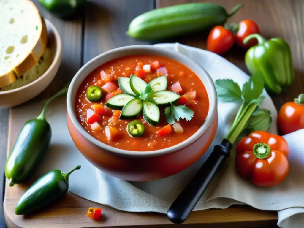 Un cuenco rojo vibrante de Gazpacho Andaluz fresco en una mesa de madera rústica, ideal receta verano