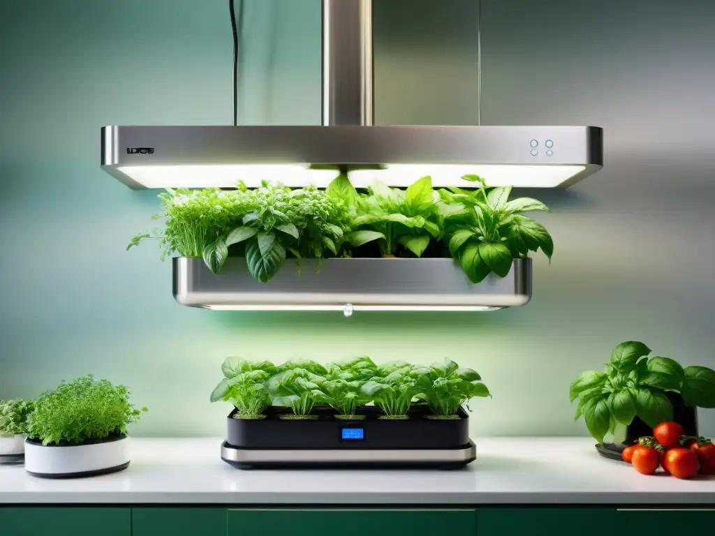 Cultivo hidropónico gourmet en casa: Imagen detallada de un elegante sistema en cocina moderna con hierbas verdes vibrantes y luces LED ajustables