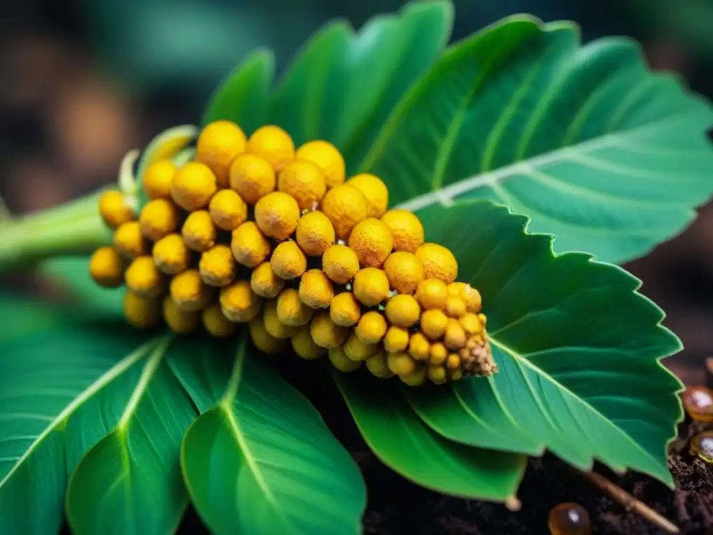 Raíz de cúrcuma dorada rodeada de hojas verdes, resaltando su frescura y beneficios para la salud en la gastronomía