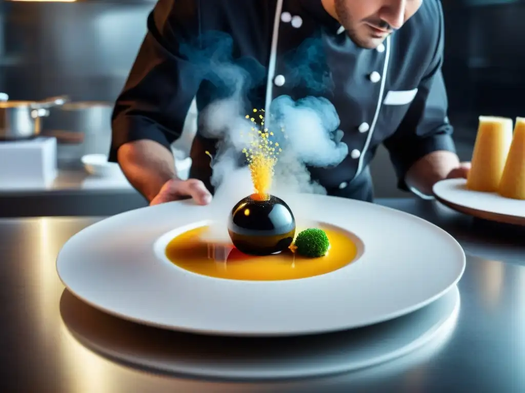 Degustaciones guiadas gastronomía molecular: Chef preparando plato de alta cocina con precisión en laboratorio moderno