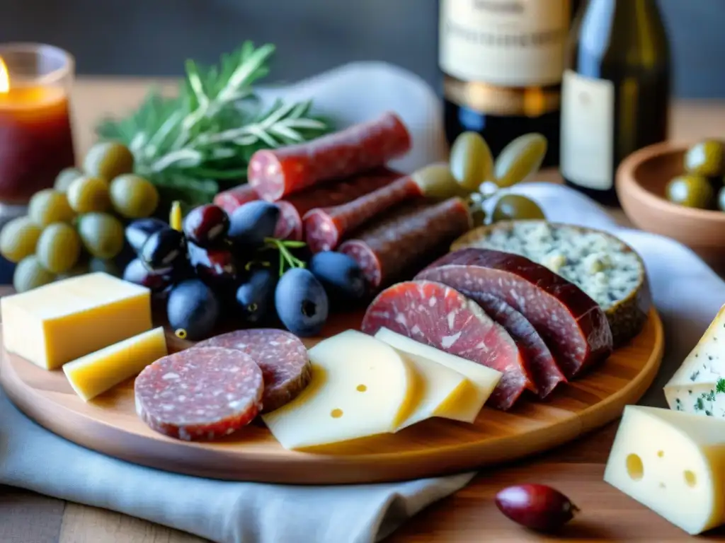 Un deleite visual de embutidos fermentados gourmet en tabla rústica de madera, resaltando un salami marmoleado