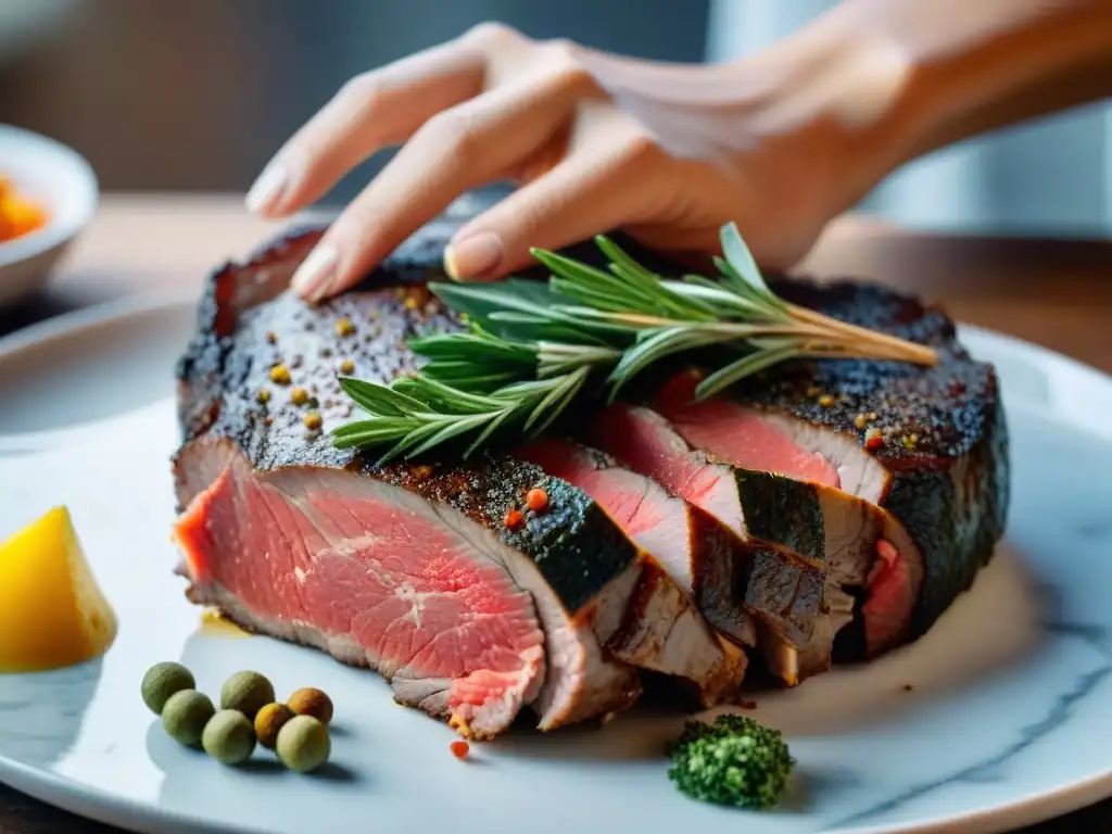 Un deleite visual: mano espolvoreando hierbas sobre carne gourmet marmoleada