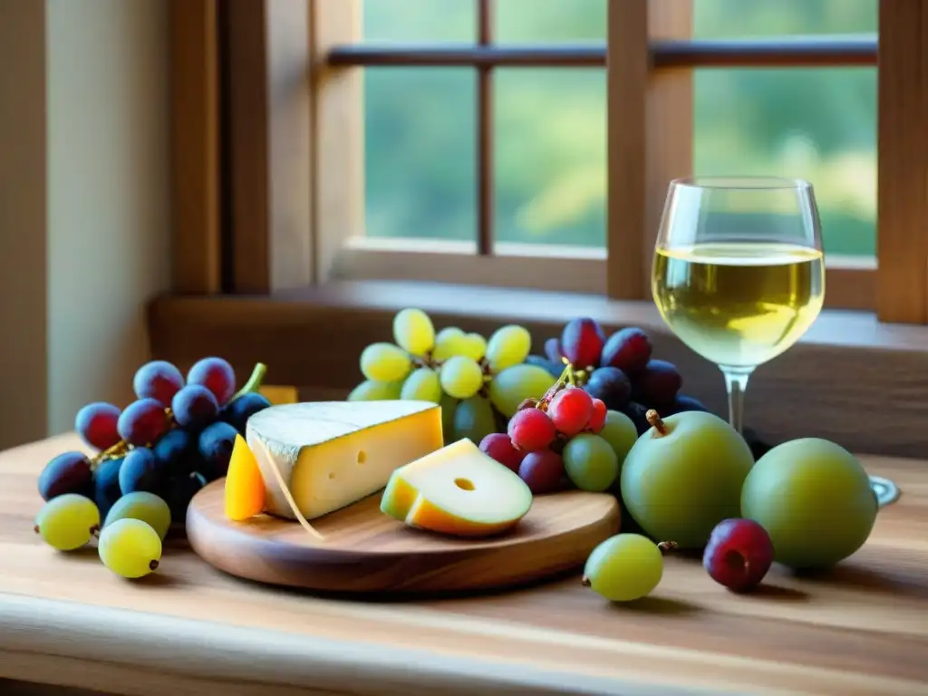 Un deleite visual: maridaje quesos frutas vinos florales en tabla de madera rústica bajo cálida luz dappled