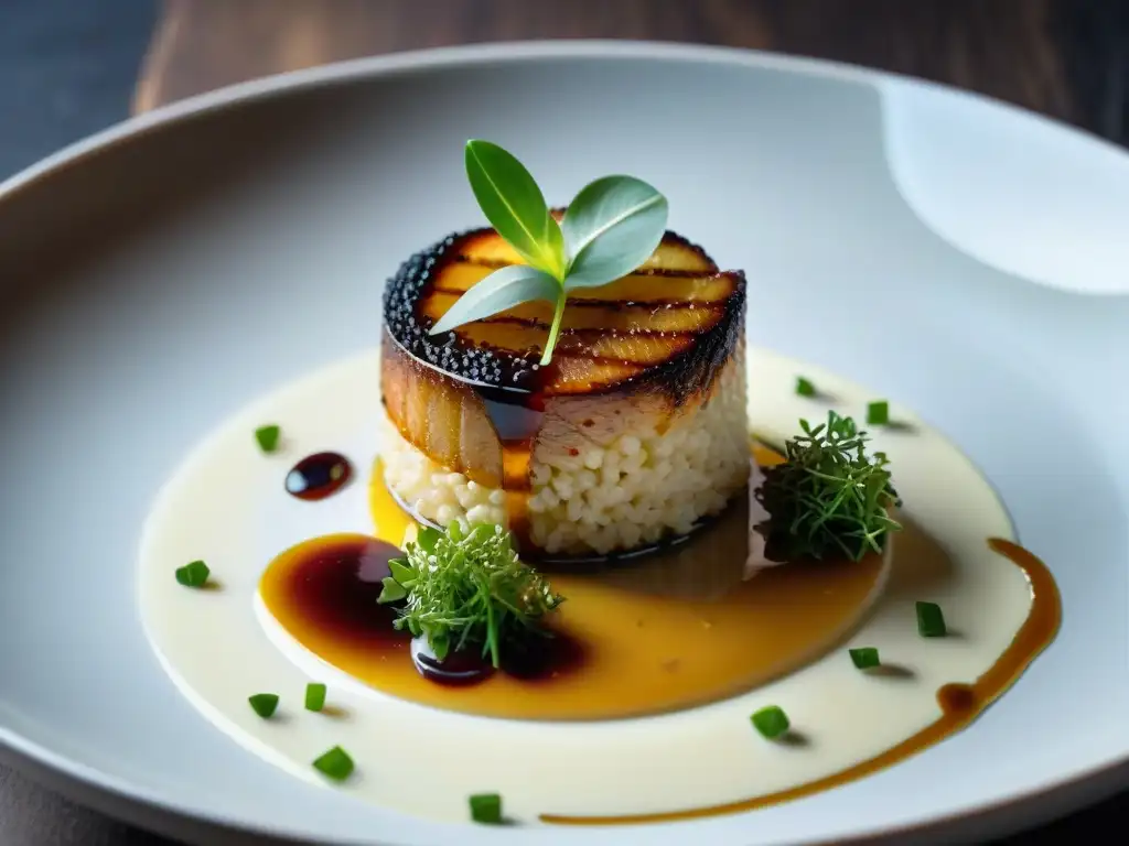 Un deleite visual de sabores y texturas: foie gras sobre risotto cremoso, con crocantes chalotas y microgreens, en un elegante plato