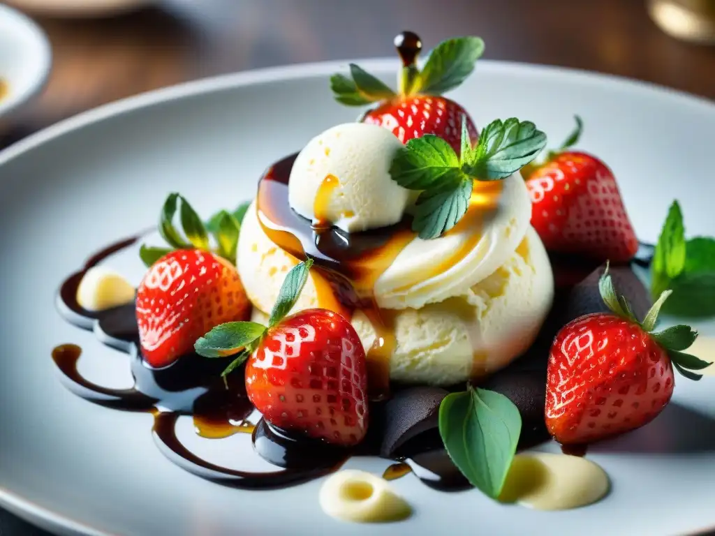 Un deleite visual de vinagre balsámico en postres: glaseado brillante sobre helado de vainilla con fresas y menta fresca