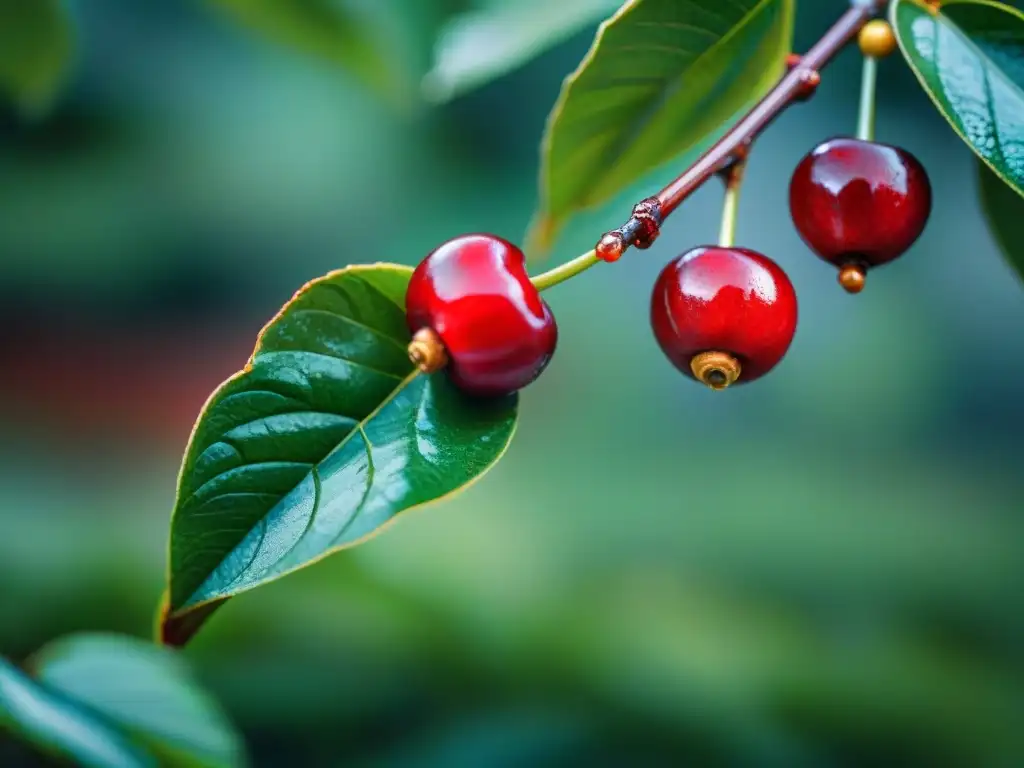 Delicada cereza de café rojo con rocío matutino en medio de exuberante follaje