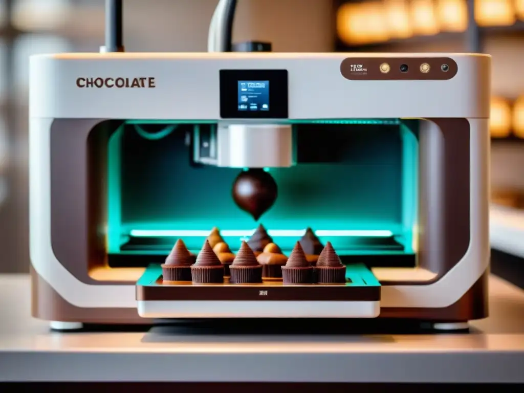 Delicada impresión 3D de chocolates personalizados, mostrando la sofisticación de la tecnología en la producción artesanal