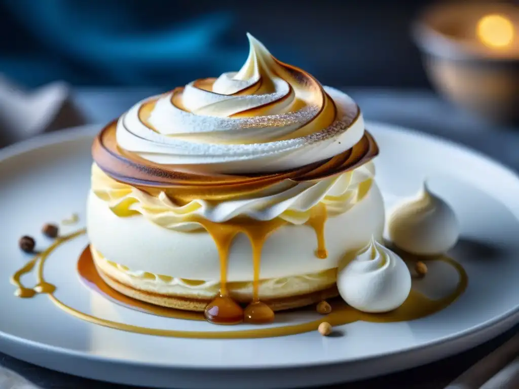 Delicada Mont Blanc pastelería gourmet: crema de castaña sobre merengue, decorada con nata y azúcar glas