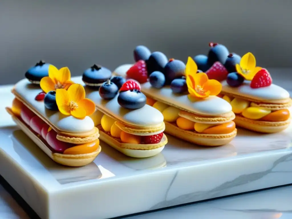 Delicada exhibición de pastelería francesa: éclairs, macarons, millefeuille y tartaletas con frutas y flores