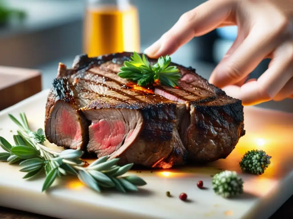 Delicada preparación de un ribeye con técnicas de asado y marinado mediterráneas, resaltando su jugosidad