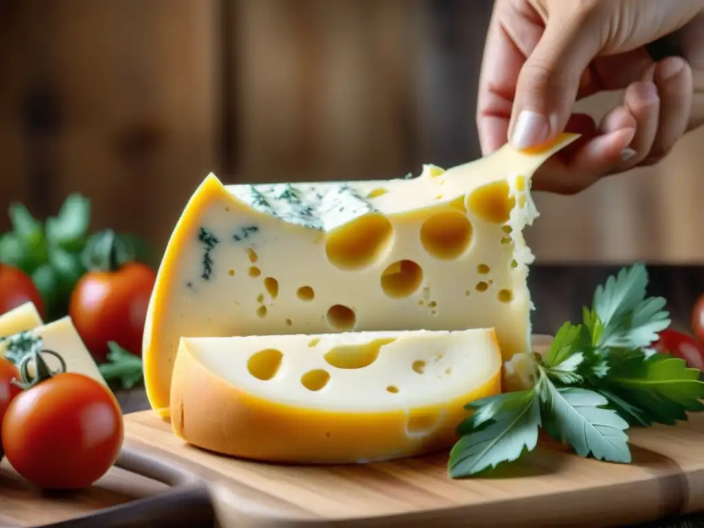 Delicada presentación de Queso Oaxaca deshebrado gourmet con tomate y cilantro en tabla rústica