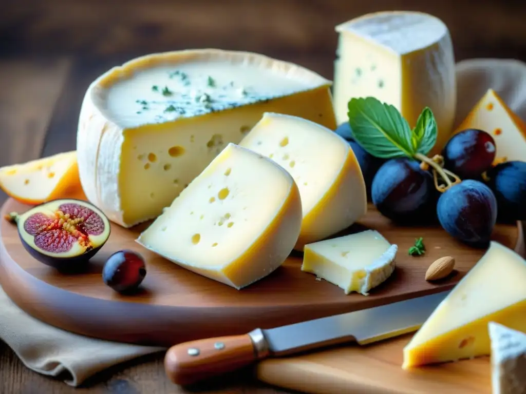 Delicias de quesos de oveja europeos en tabla rústica Delicada exhibición de quesos de oveja europeos en tabla rústica con uvas, higos y hierbas frescas