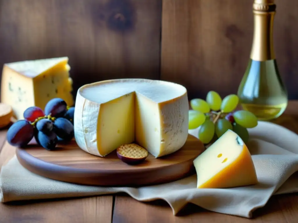Delicias de quesos europeos: tabla gourmet de oveja Delicada selección de Quesos de Oveja Europeos en tabla rústica con uvas y higos, creando una atmósfera gourmet