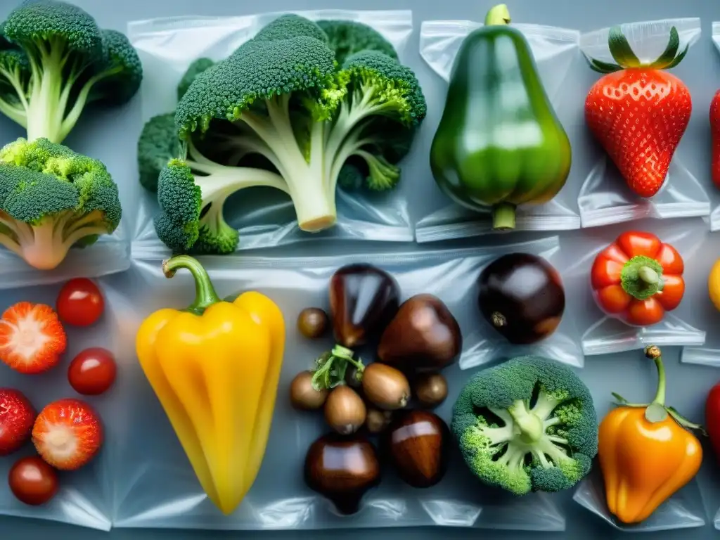 Delicadas frutas y verduras en bolsas de vacío, realzando su frescura y color