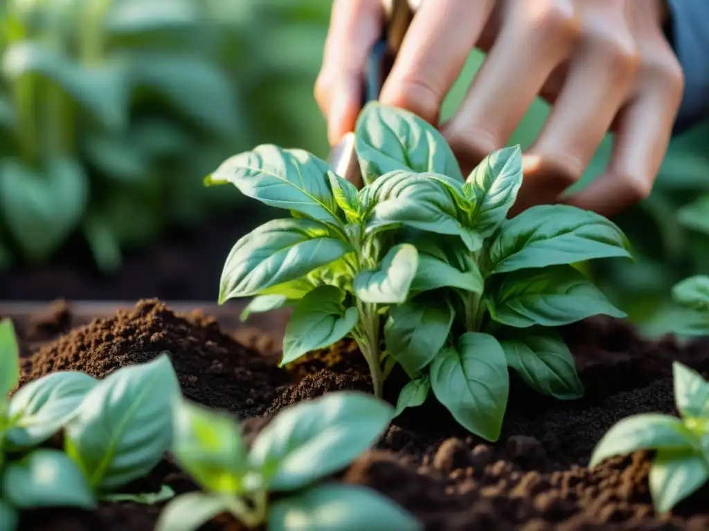 Cosechando delicadas hojas de albahaca en un jardín soleado, cultivar hierbas gourmet en casa