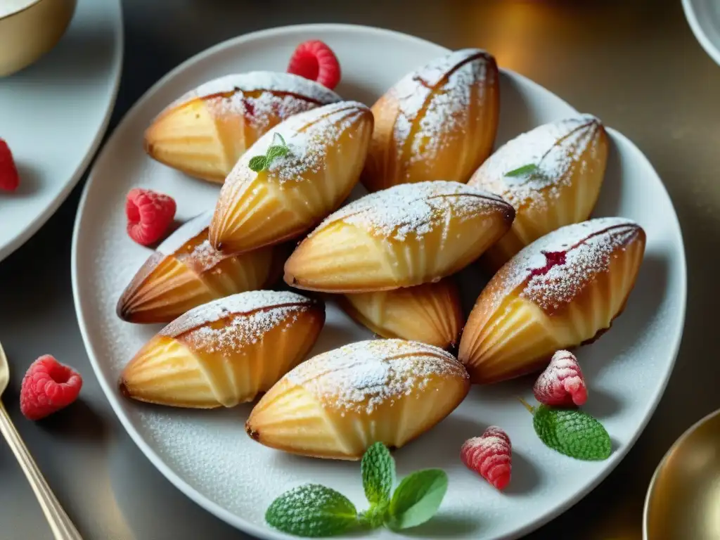 Delicadas madeleines francesas receta gourmet con polvo de azúcar, frambuesas y menta en plato blanco