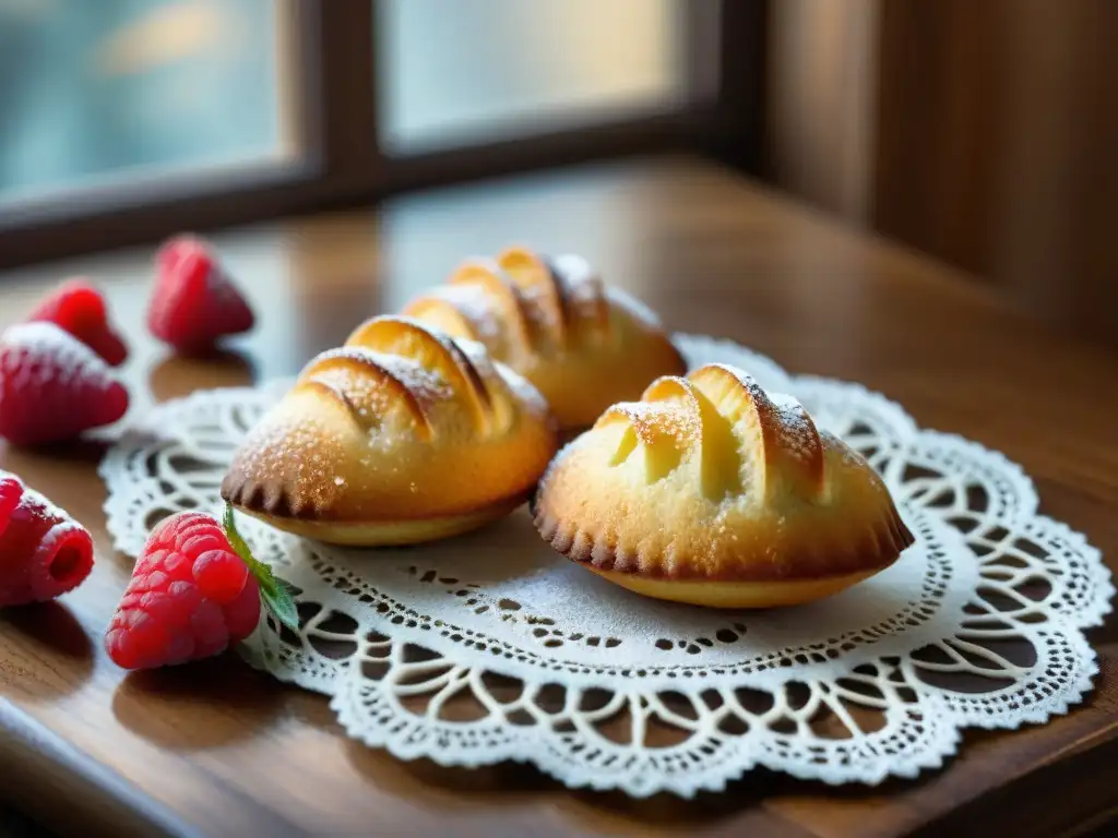 Delicadas madeleines francesas receta gourmet, recién horneadas sobre encaje en mesa rústica iluminada por el sol