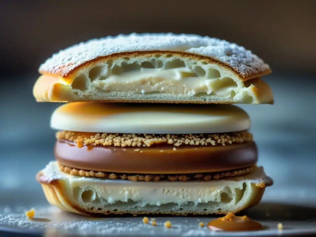 Delicado alfajor argentino recién horneado con dulce de leche, espolvoreado con azúcar