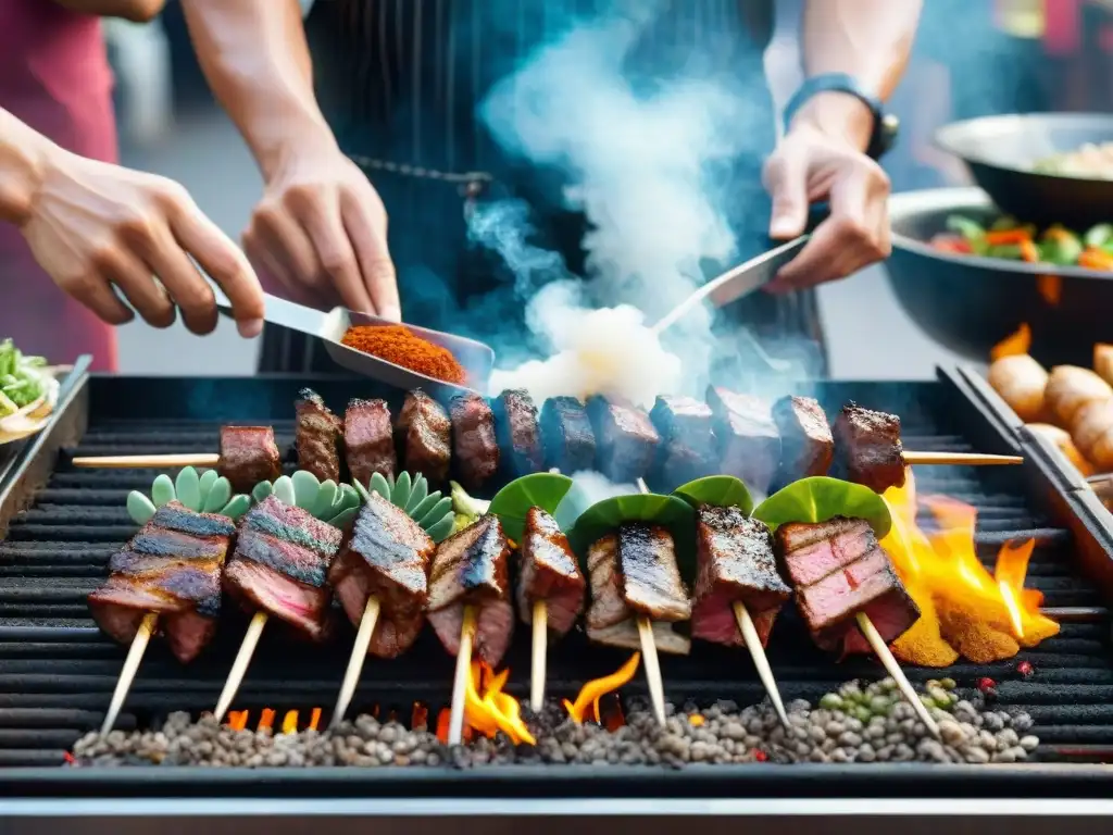 Delicado kebab asiático gourmet en la parrilla, lleno de colores y especias, con ambiente de mercado callejero asiático