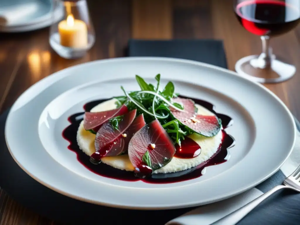 Delicado carpaccio en plato blanco, con arúgula, parmesano, balsámico y vino tinto