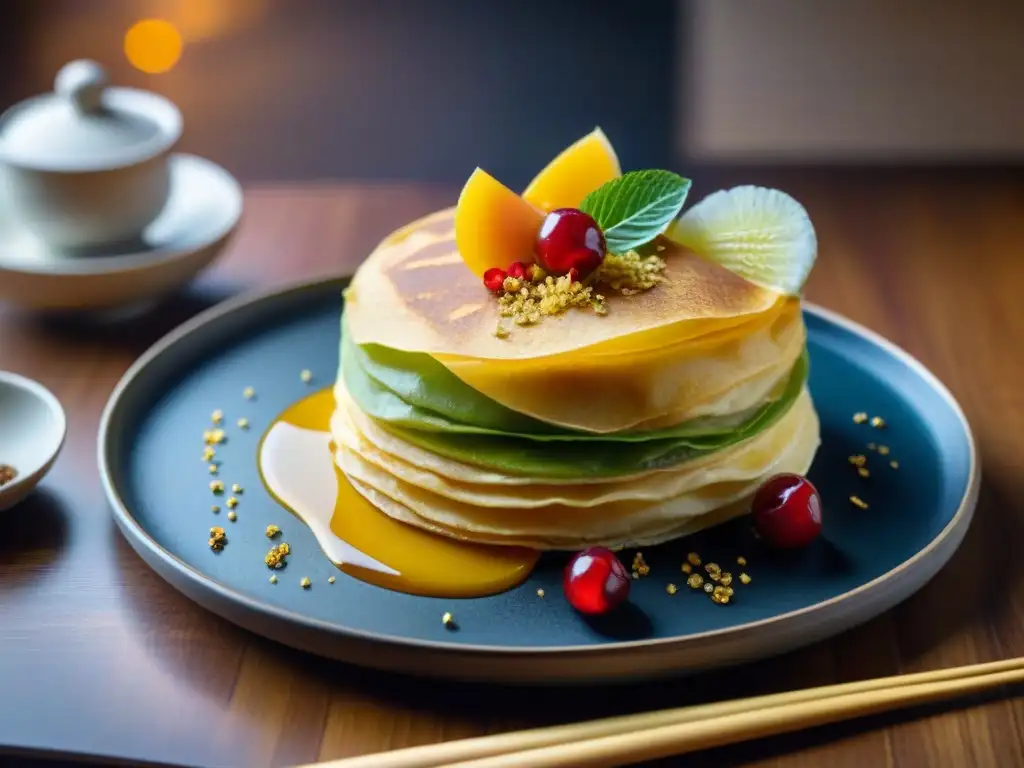 Delicado crepe japonés gourmet con frutas frescas y detalles en oro, en un escenario moderno con elementos tradicionales japoneses