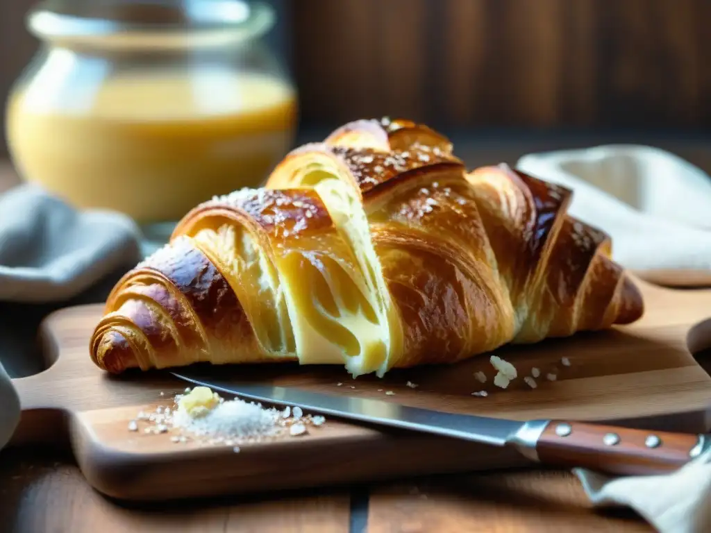 Delicado croissant dorado con capas perfectas, acompañado de sal marina y cuchillo de mantequilla vintage en tabla de madera rústica