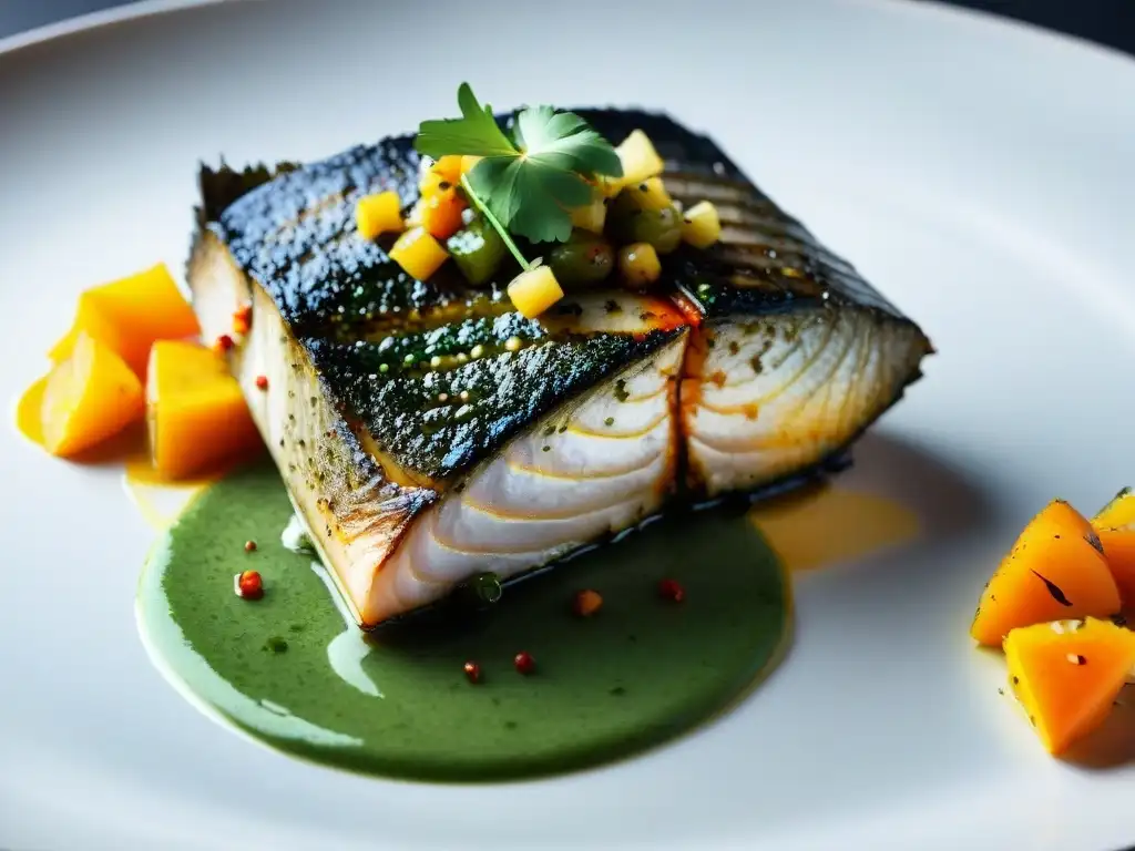 Delicado filete de lubina del Mediterráneo, cocido a baja temperatura, con piel crujiente dorada y verduras asadas