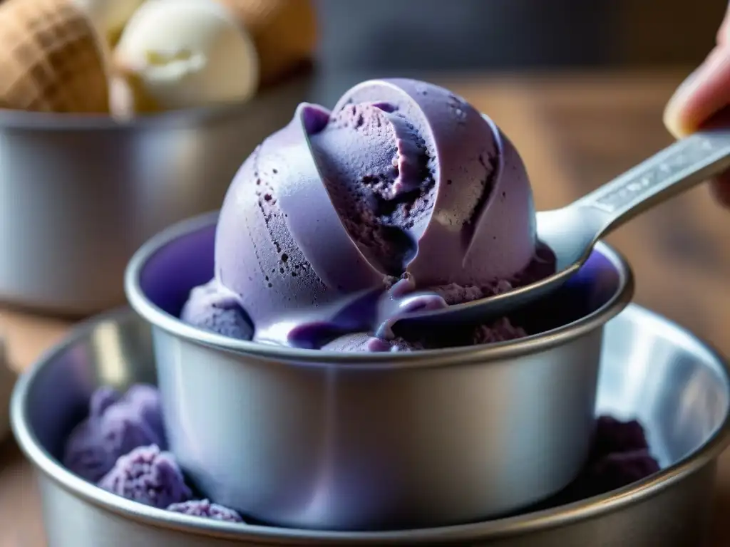 Delicado helado de ube siendo servido con una cuchara vintage, innovar cocina helados sorbetes