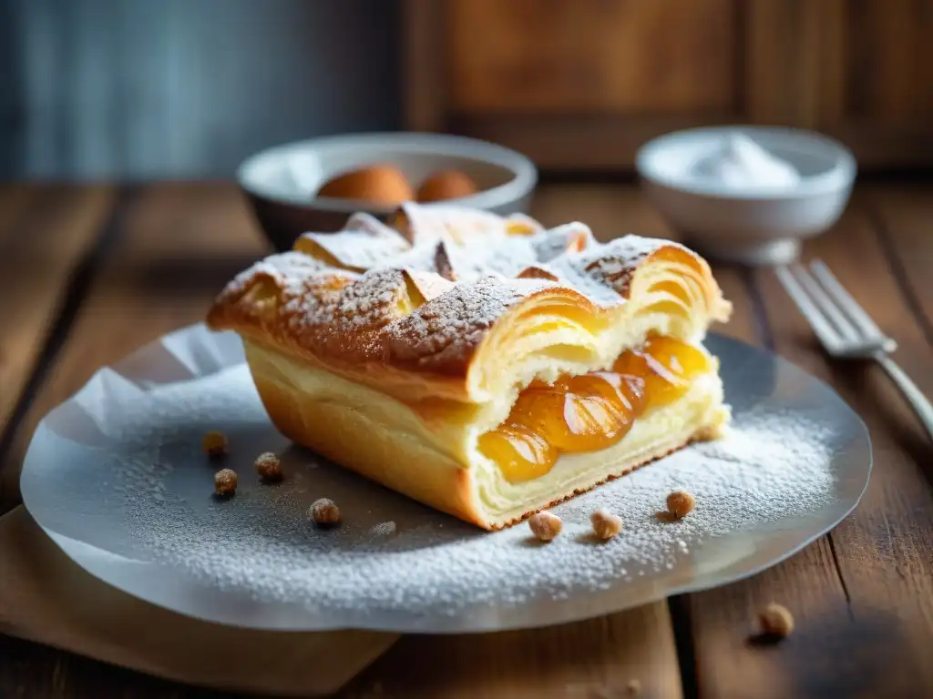 Delicado KouignAmann recién horneado sobre mesa rústica, espolvoreado con azúcar glass